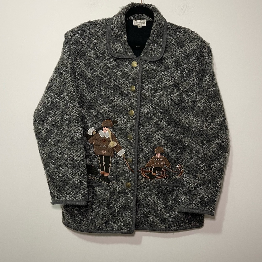 Moffi Vintage Grey Wool Blend Winter Native Scene Embroidered Button Jacket L